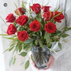 Dozen Luxury Large headed Red Roses with a vase